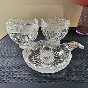Oneida crystal 2 candy bowls and candlestick holder